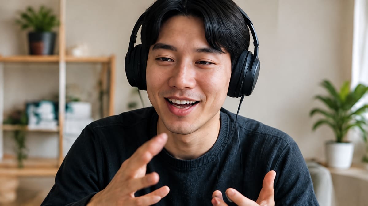 Young man wearing headphones talking and gesturing during a video lesson in a bright room with plants